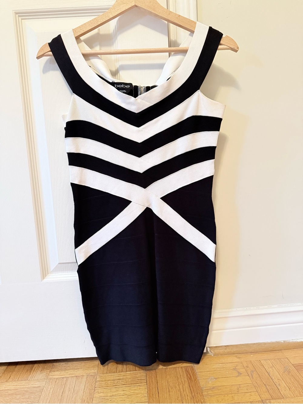 bebe Black and White Chevron Bandage Mini Dress